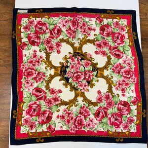Vintage 80s - 90s Alfred Sung Silk Vibrant Floral Botanical Print Scarf 31"